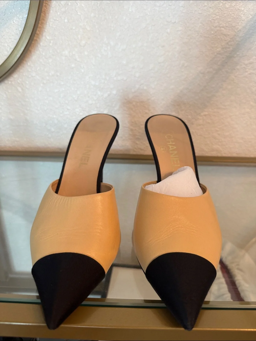 CHANEL Two-Tone Pointed Leather Mule in Beige and Black with Pearl Heel